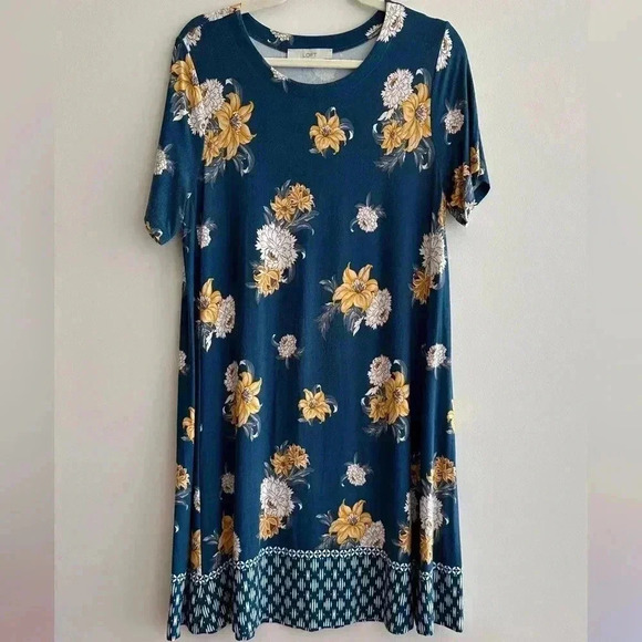 LOFT Blue and Yellow Floral Swing Shift Dress, Casual Knit Dress, Size Medium - Picture 2 of 16